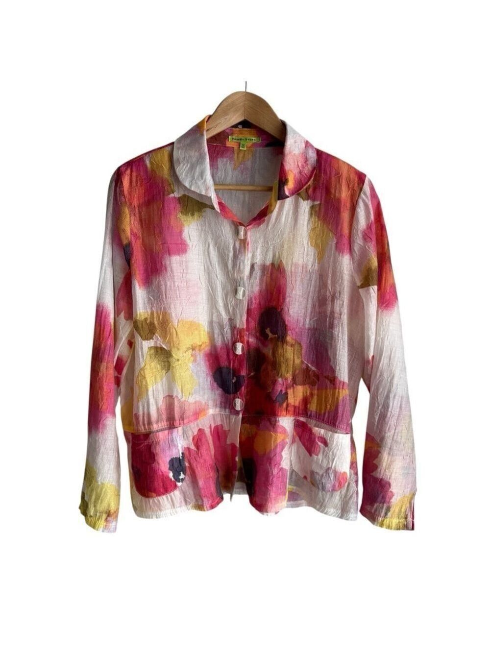 Trisha Tyler Semi Sheer Floral Top Sz M Multicolour Button Up Blouse Spring EUC